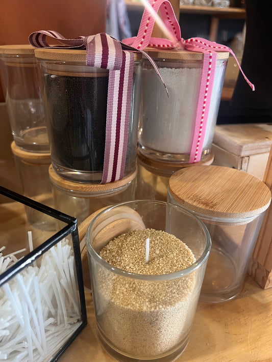 Clear Jar & Bamboo Lid / Wax Pearls & 3 Wicks